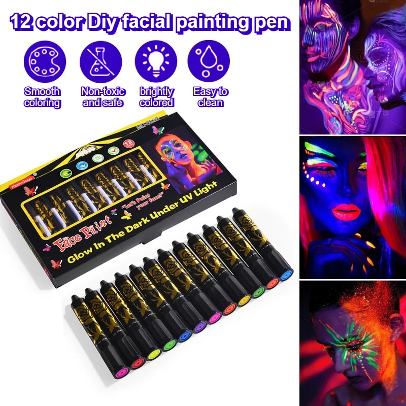 12 Color DIY Luminous Face Graffiti Painting Tool, Washable Human Body Painting Crayons, Party Halloween Event Makeup Props