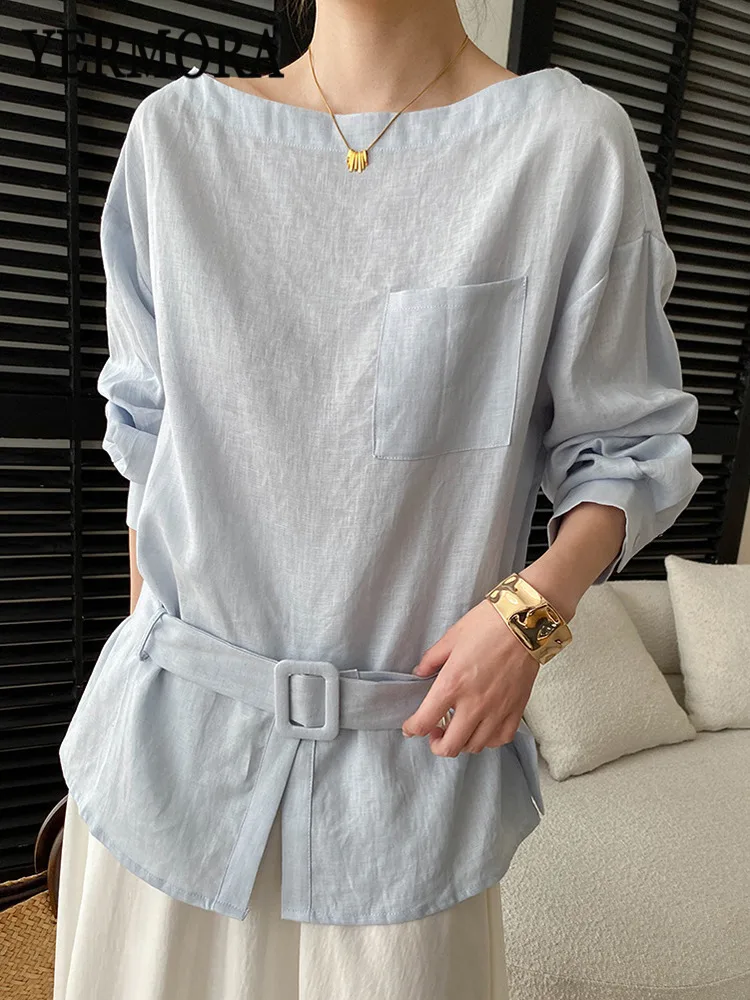 

YERMORA Blue Linen Pocket Belted Casual Blouse For Women O-Neck Long Sleeve Loose New Shirt Fashion Tide Spring Autumn 2026