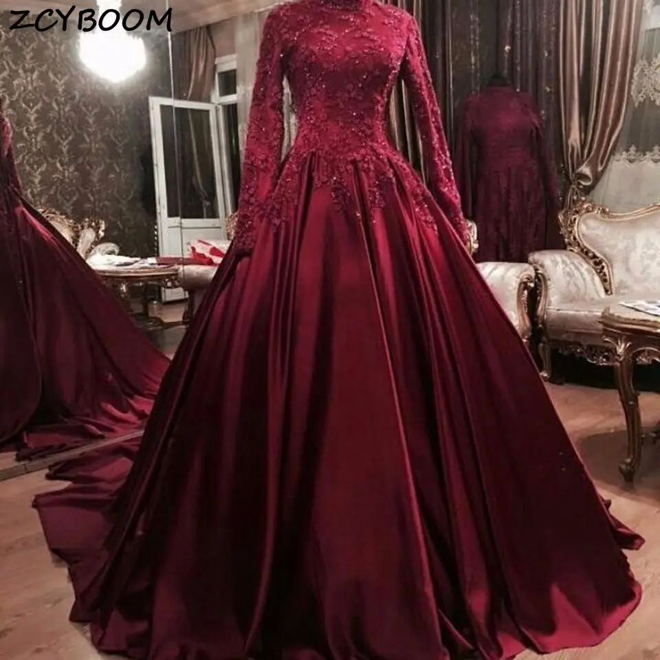 

Muslim Evening Dresses Women Formal Party Vestidos De Gala Elegant Luxury Appliques Sequins Lace Wine Red Graduation Prom Gowns