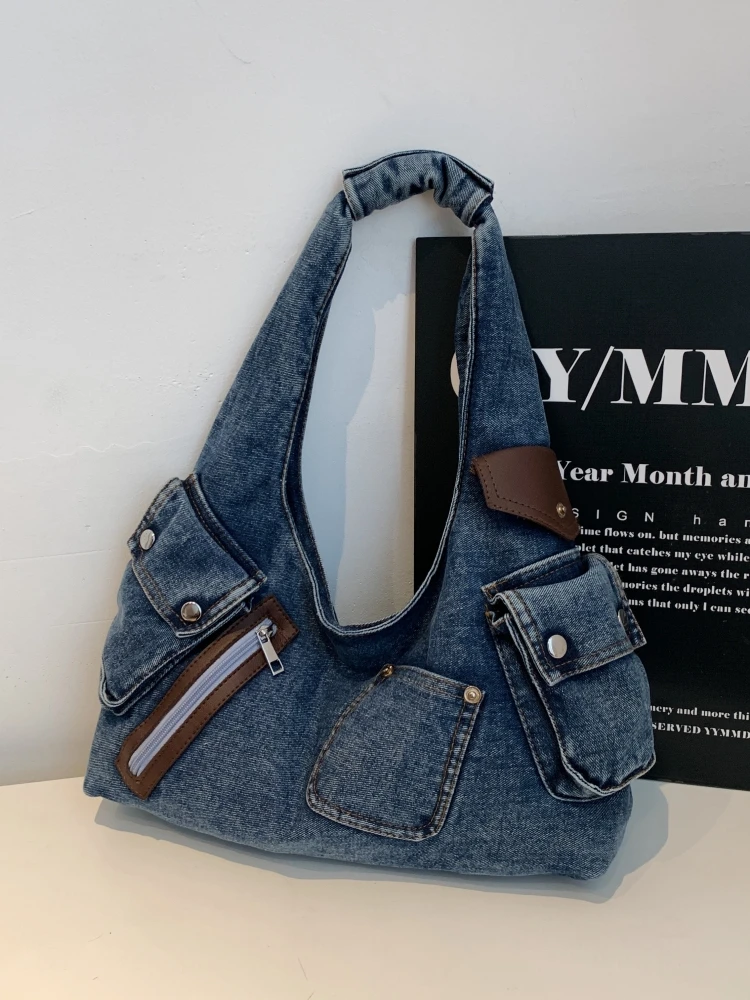 Versatile Large Capacity Casual Canvas Tote Bag Women's Denim Shoulder Bag Multi-Pocket Practical Commuting Handbag