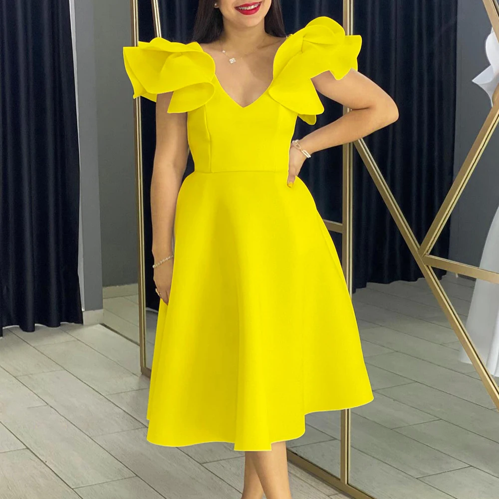 Yellow White Red Blue Midi Elegant Party Dresses 2024 Women Short Sleeve Fashion Cheap Clothes Female Clothing Graduation Dress