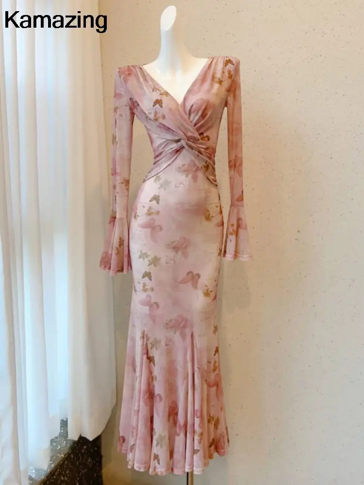 Eleganti abiti lunghi con maniche svasate a sirena Vintage Sexy aderente rosa stampa sera Club Robe donna primavera estate abiti