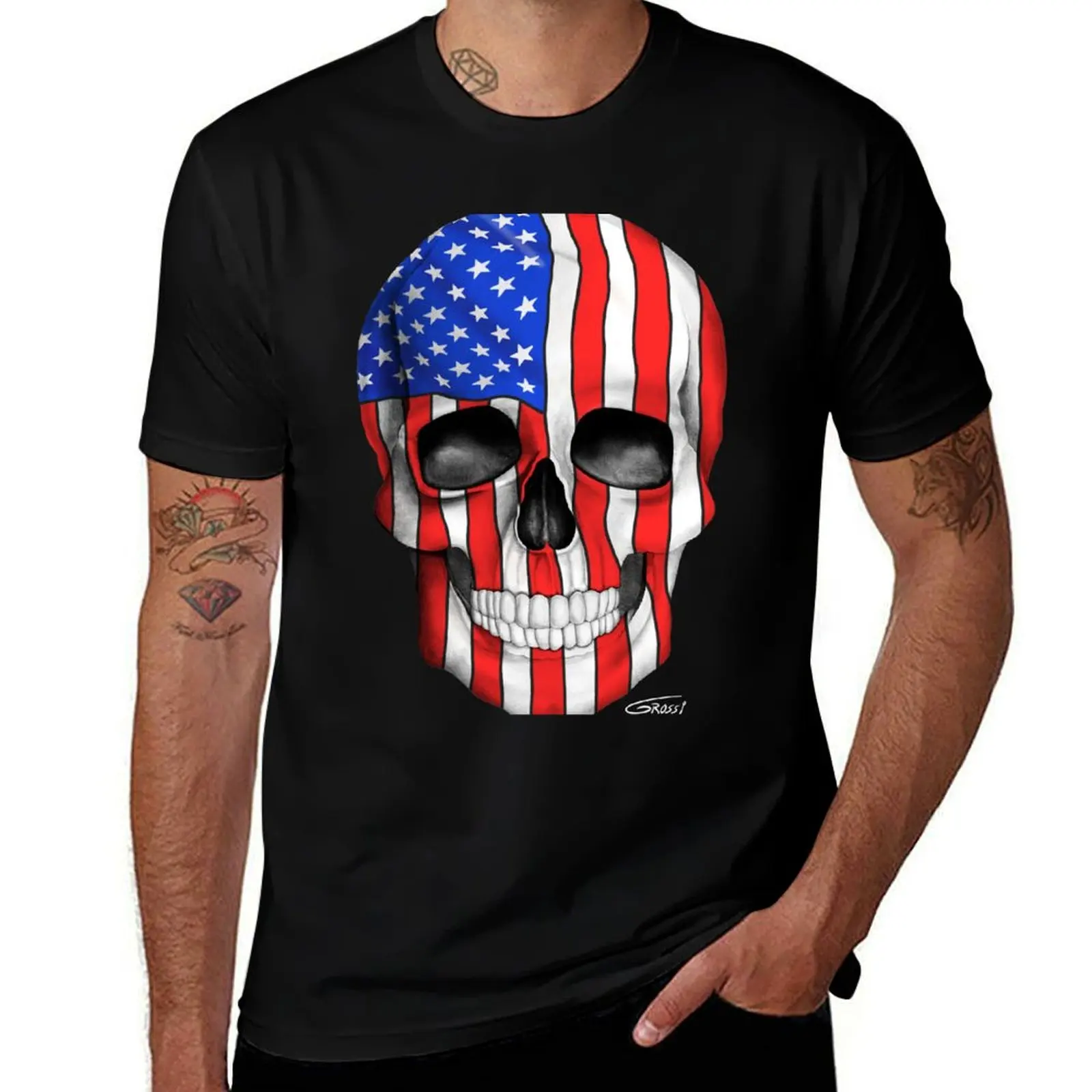 

American Flag Skull (On Dark Background) T-Shirt t shirt man cotton anime t shirts oversize T-Shirt