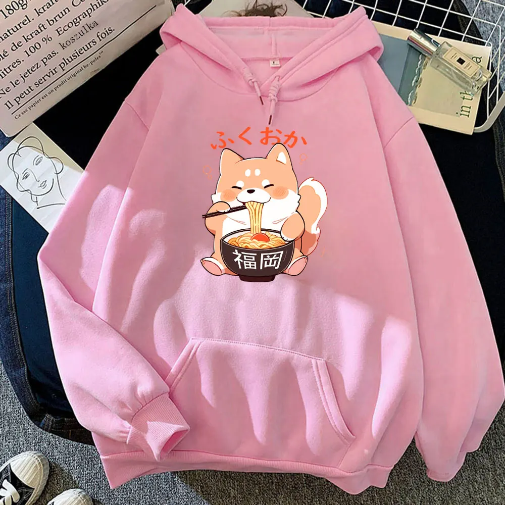 Kawaii Shiba Inu Eat Noodles Cartoon Hoodie Woman Anime Dog Sweatshirt Japan Harajuku Otaku Man Autumn and Winter Warm Hoody