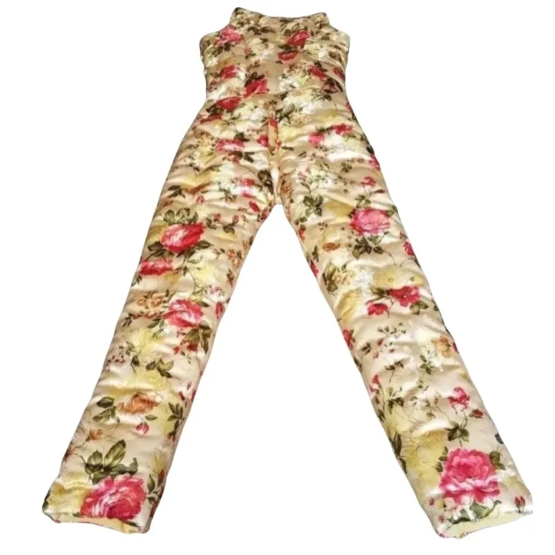 Sleeveless Women Chinese Buttons Knot Filled Cotton Puffy Warm Trousers Buckle Pants, Men Handmade Satin Silky Touch Jumpsuit
