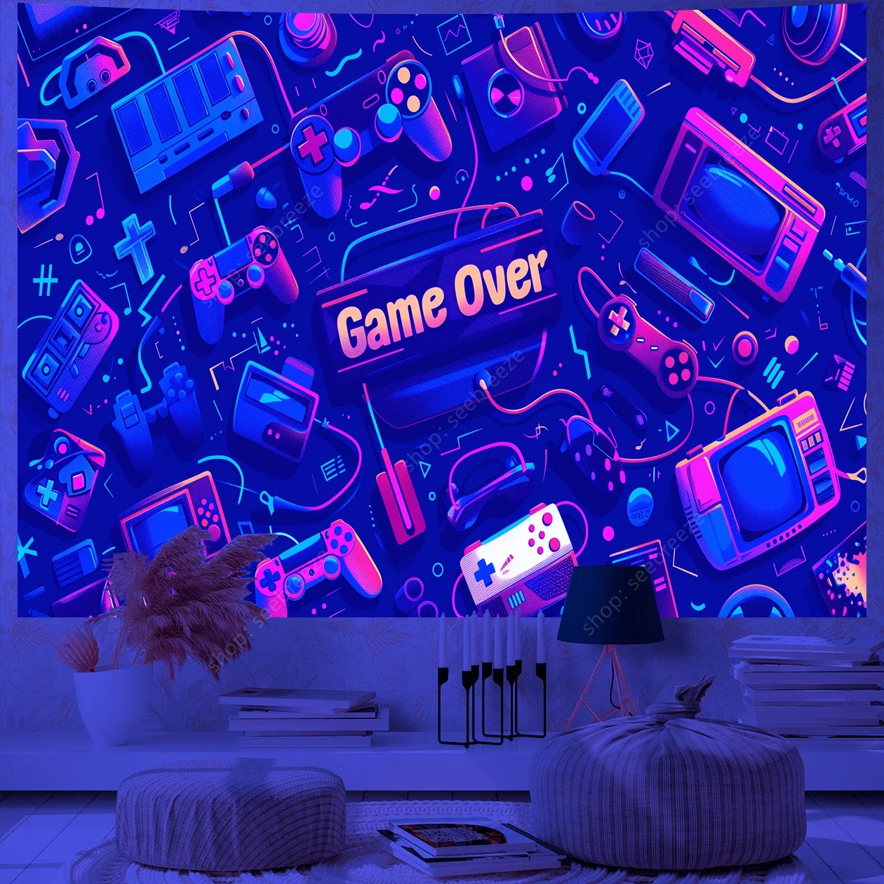 Game Over Game Zone UV Reactive Tapestry E-Sports Room Game Controller Tapestry Wall Hanging Neon Backdrop Dorm Bedroom Decor