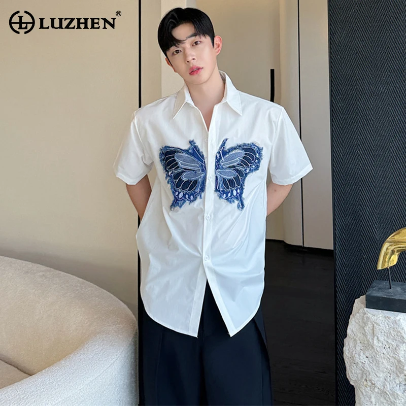 

LUZHEN Personalized Trendy Butterfly Splicing Design Short Sleeved Shirts Original New Fashion Street Handsome Men's Tops LZ4116