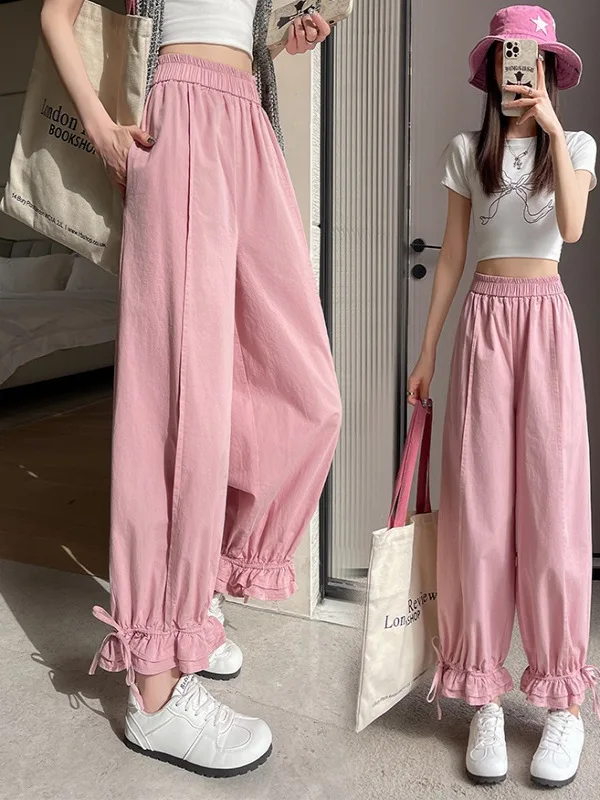 Pantaloni a Gamba Larga a Doppio Strato Rosa, Casual, Lunghezza 7/8, Nuova Collezione Estate 2025, Taglie Forti, Stile Coreano, per il Lavoro
