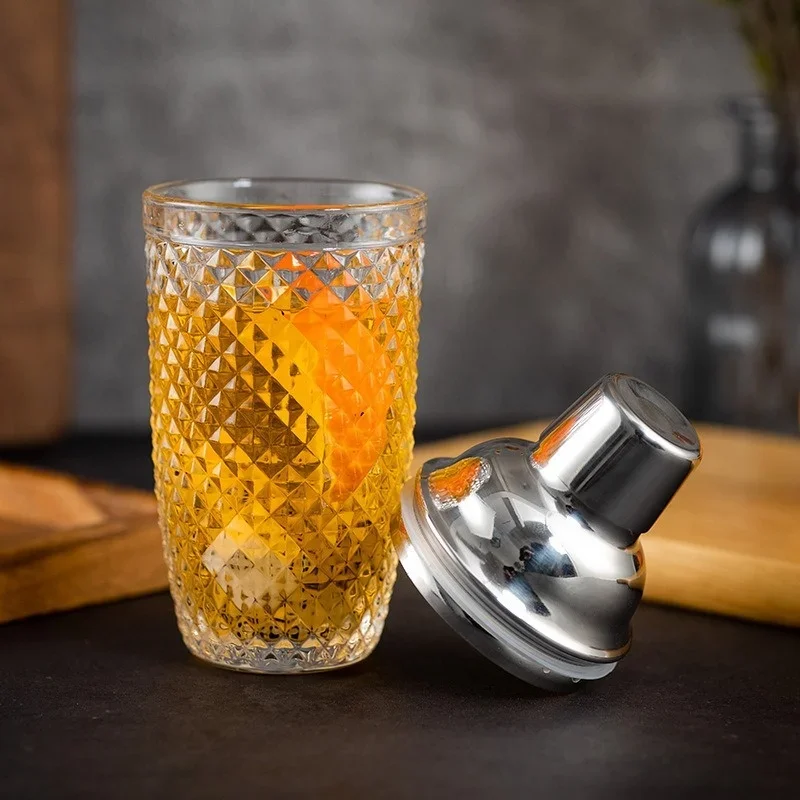 Glass Cocktail Shaker Martini Mocktail Making Set with Leakproof Metallic Steel Lid Woven Pattern Glass Cup Home Use Bar Gadget