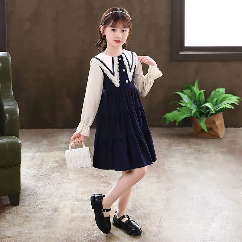 Girls Autumn New Fashion Sailor Collar Fluffy Dresses Sweet Lovely Bowknot Princess Skirt Party Evening Performance Vestido