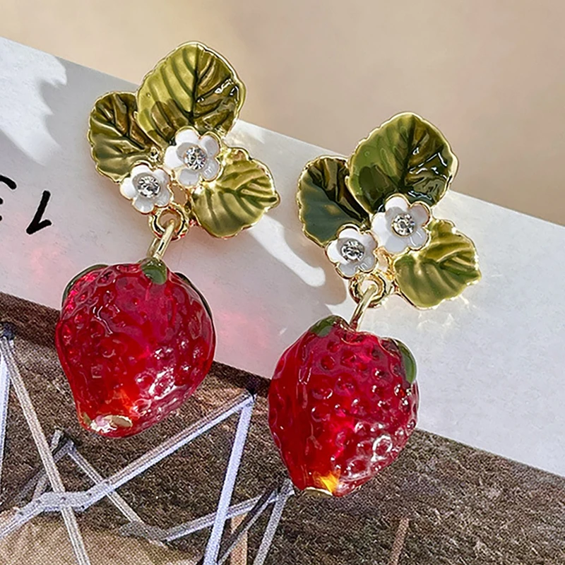 Lovely Small Raspberry Earrings for Women Green Leaves White Flower Red Berry Fruit Earrings Sweet Girl Summer Jewelry Gift