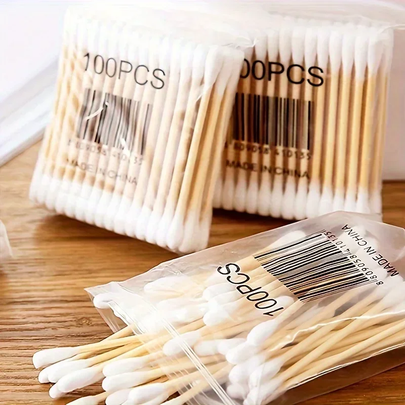 Tamponi di bambù da 100/1000 pezzi Tamponi di cotone per orecchie- Tamponi di cotone-Bastoncini di cotone spessi rotondi doppi per strumento di pulizia del trucco