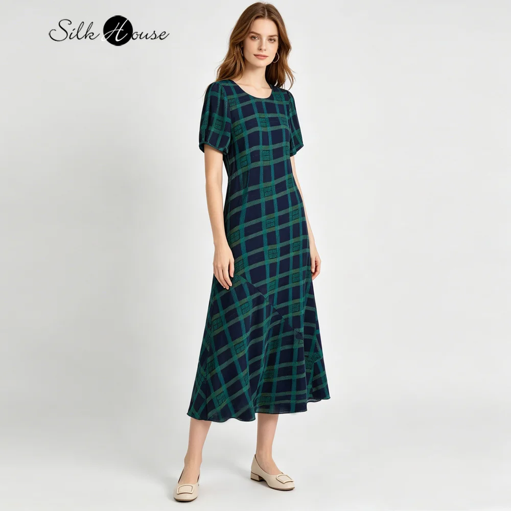 Women's Casual Summer New Slant cut 1.25m Long 100% Natural Mulberry Silk Double Crepe Round Neck Short Sleeved Fishtail Dress
