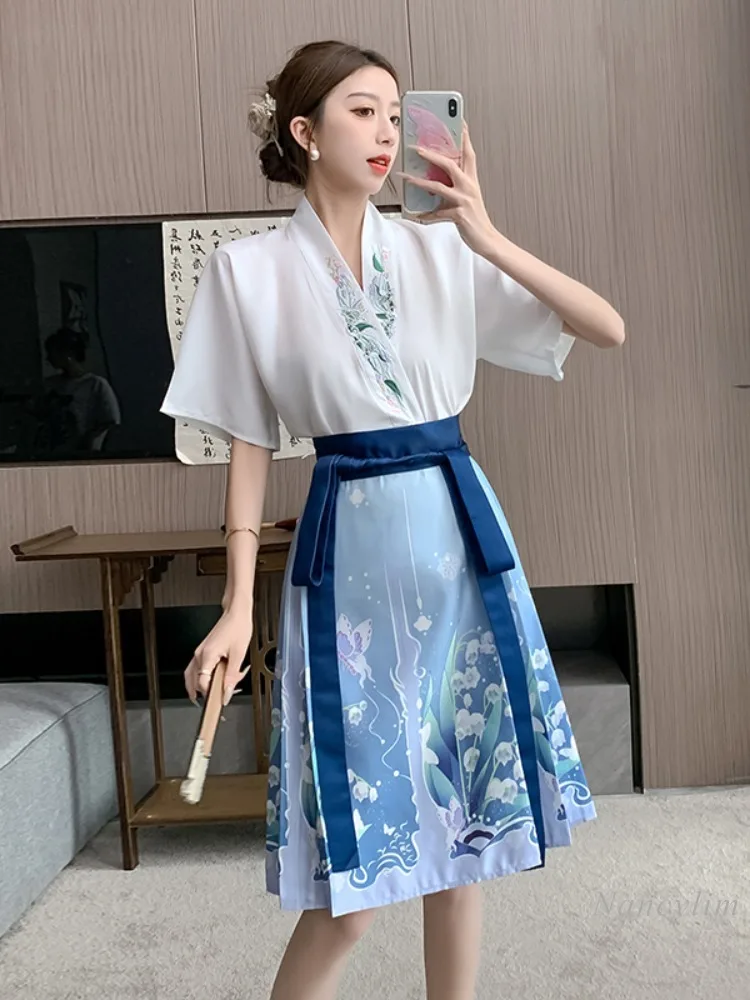 New Chinese Style Horse-Face Skirt Sets Women\'s Summer Thin Suit 2024 New Improved Short Hanfu Chinese Style Blouse and Skirt