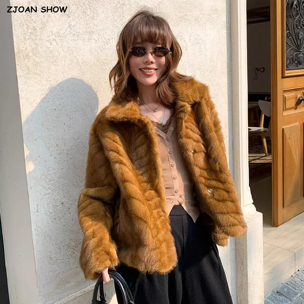 

2 colors New Winter Embossing Wave Line Pattern Faux Mink Fur Coat Vintage Women Lapel Full Sleeve Loose Short Outerwear Warm