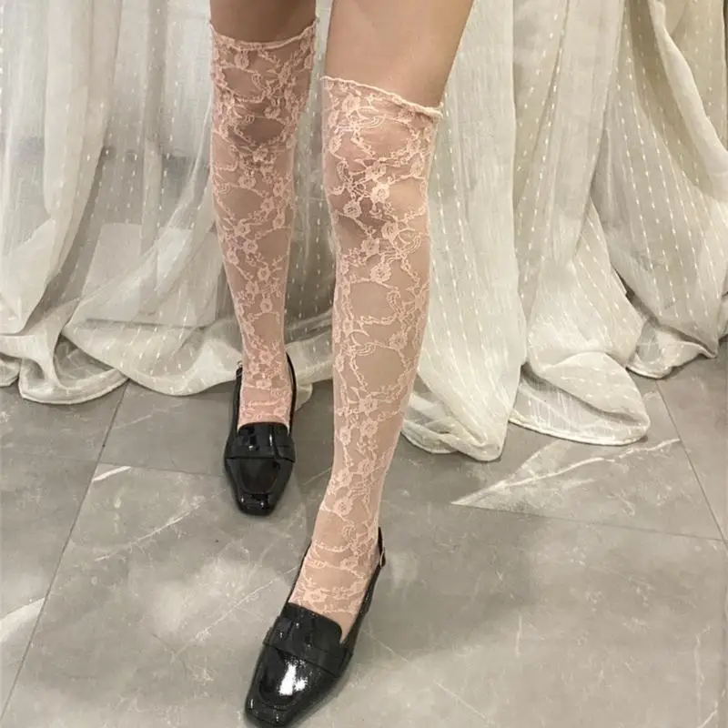 Thigh Highs Stockings for Women See Through Flower Lace Slouch Over Knee Sock 