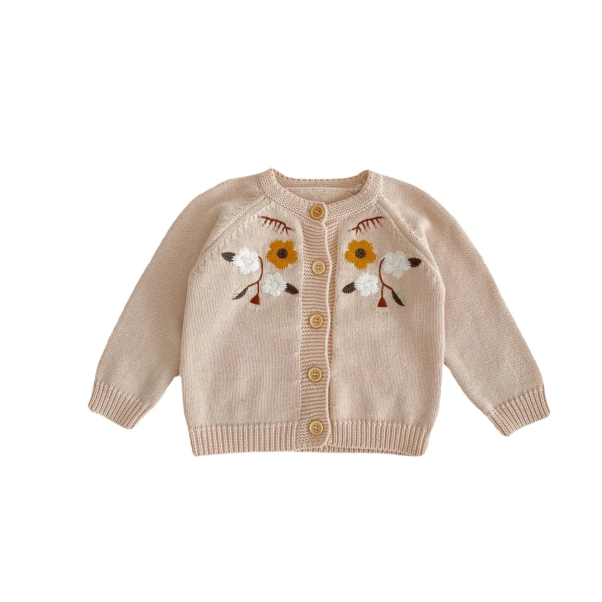 

Модный милый свитер для девочек с цветочной вышивкой на весну и осень, вязаный кардиган, детская одежда, универсальные милые шикарные детские топы