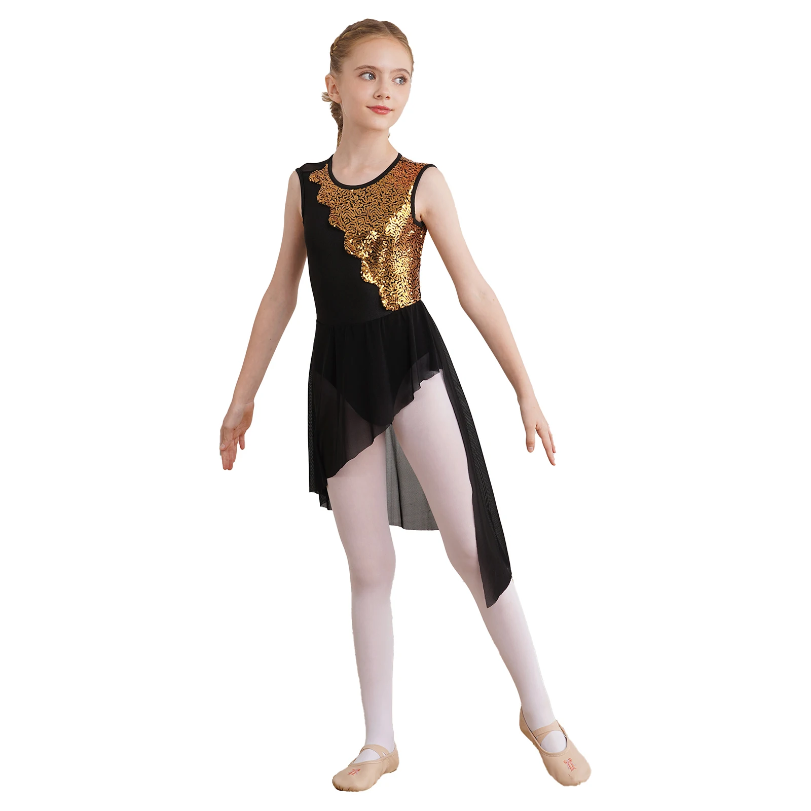 Kids Girls Ballet Tutu Skirt Lyrical Dance Dress Shiny Sequins Patchwork Irregular Hem Hollow Back Modern Jazz Dance Dress