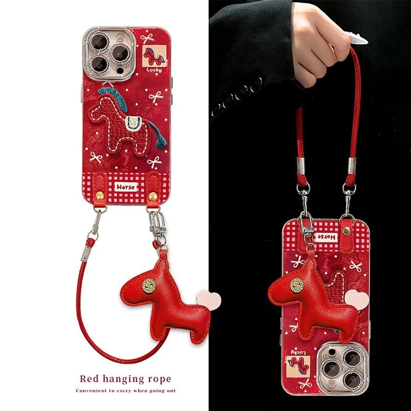 

Horse Cover for OPPO Reno 14 13 12 11 Reno10 9 8 7 6 5 Case New Year Fundas Cartoon 3d Embroidered Red Ponny Pendant