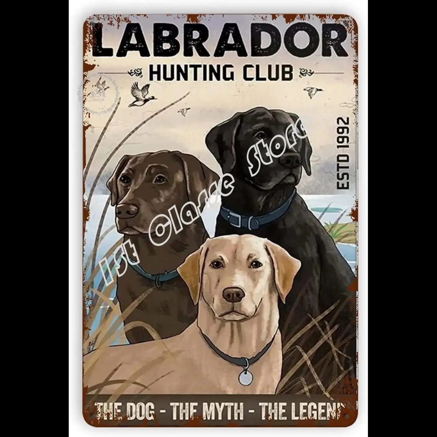 Labrador Hunting Club Vintage Metal Tin Sign  Humorous DogThemed Wall Art for Home Bar Cafe and Bathroom Decor