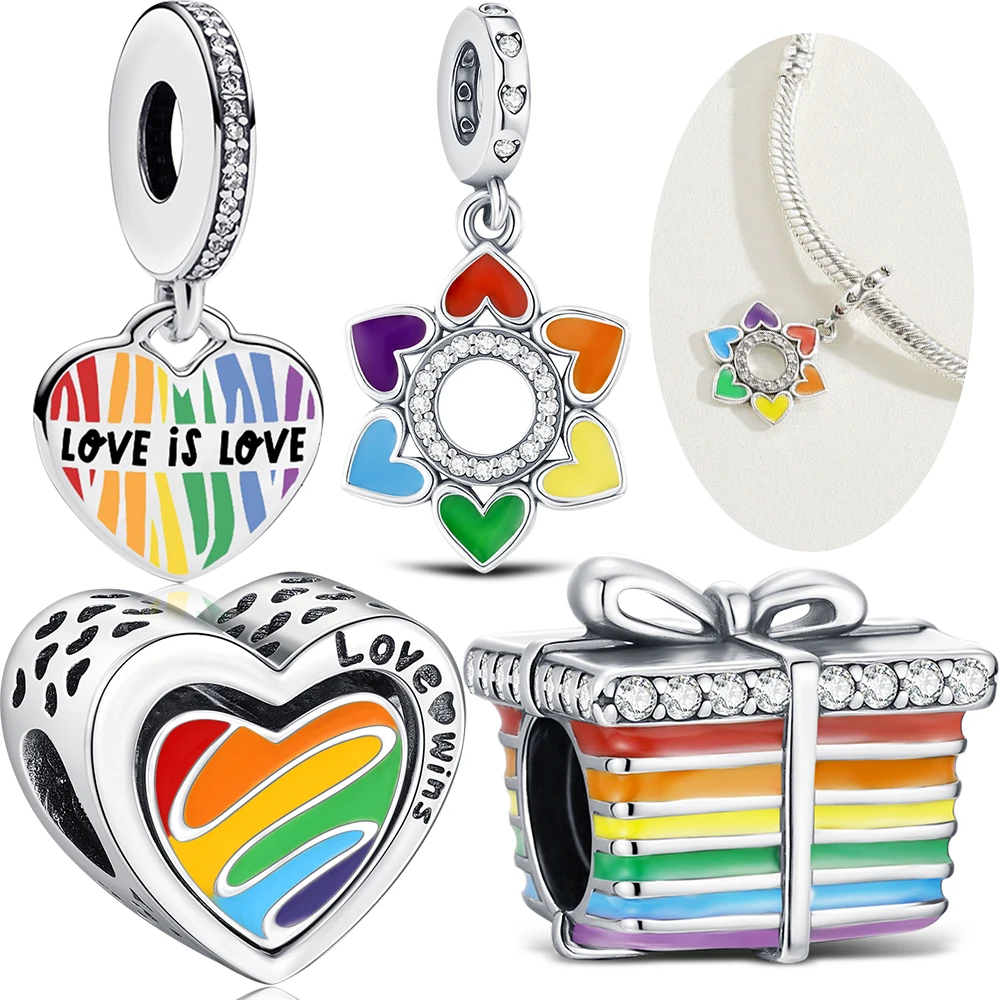 

925 Silver Rainbow Bead Jewelry Heart LOVE LGBT Charm For Original DIY Bracelet Necklace Fashion Wedding Jewelry Making Gift