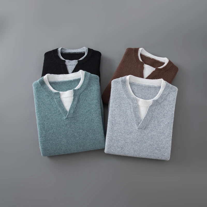 Autumn and winter men's 100% wool pullover casual business knitted sweater loose round neck fake two-piece fashionable top