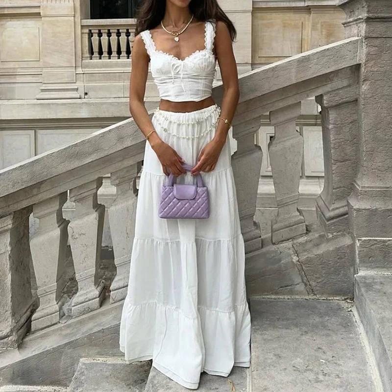 Sexy Off Shoulder Lace Sling & Long Skirt Suit Women Elegant Hight Waist College Style Outfits Casual Sleeveless Solid 2Pc Sets