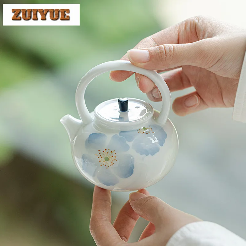 165ml Hand-painted Blue Shadow Begonia Teapot Antique Hoop Handle Jade Mud Pot Tea Maker Kettle Drinkware Accessories Craft Gift