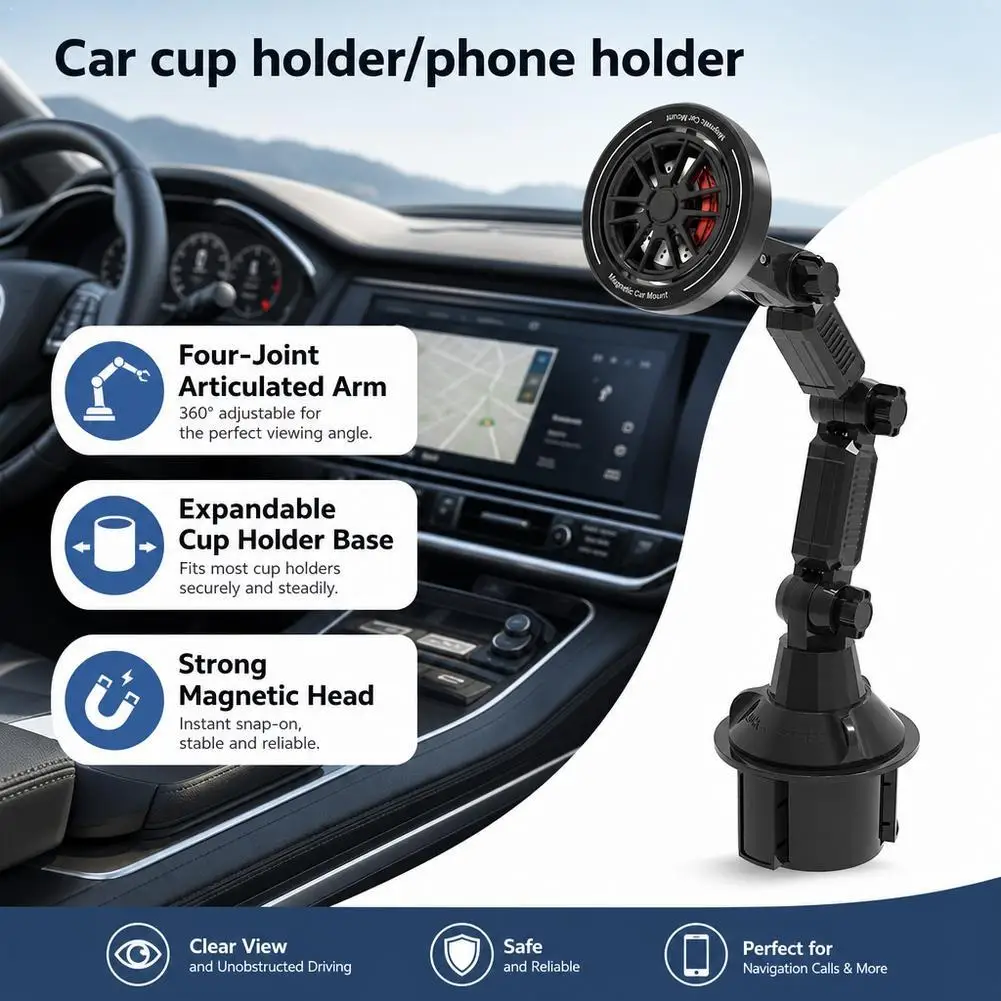 Magnetic Long Arm Car Cup Phone Holder 360° Rotatable Foldable Bracket For iPhone 16/15/14/13 Samsung