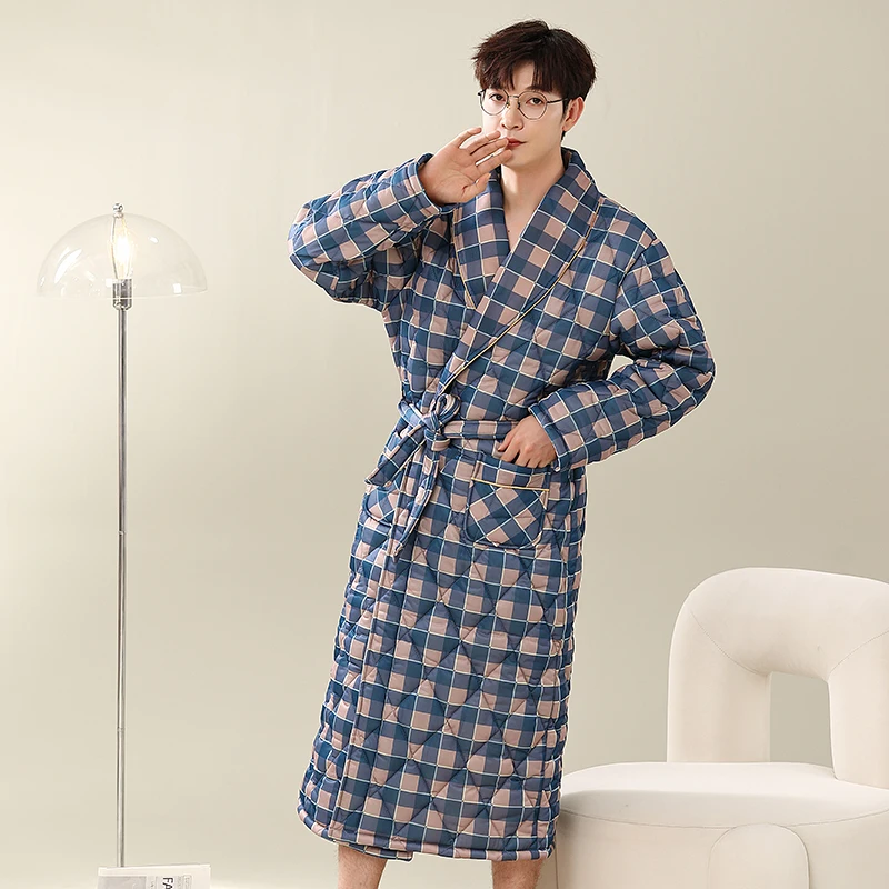 Hiver Automne Plaid 3 Couches Optique Coton Matelassé Hommes Peignoirs De Bain Gentlemen Homewear Grands Mètres L-4XL Homme Vêtements De Nuit Lounges