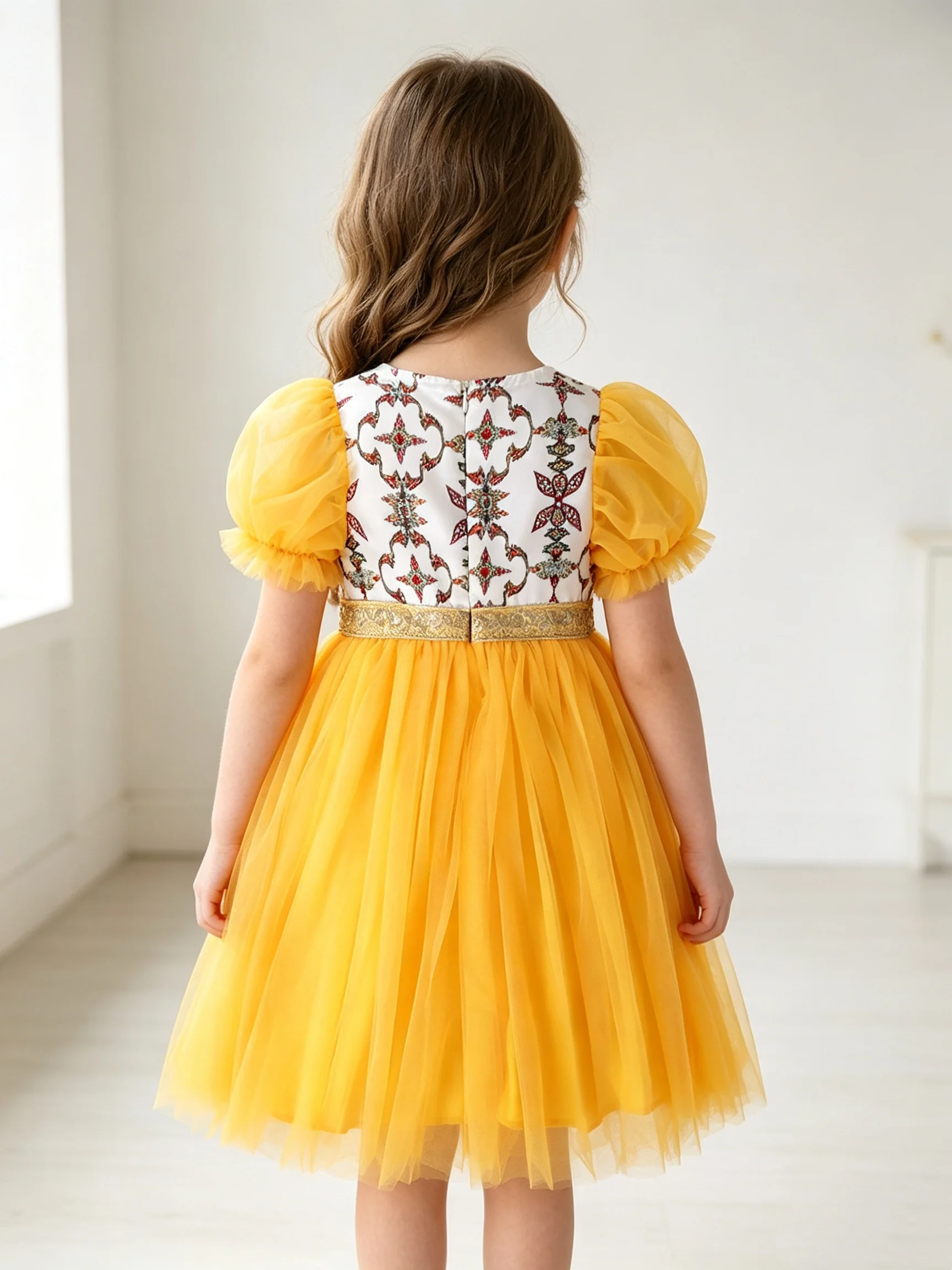 Summer Girls' Fashionable Ethnic Style Dress With Paisley Cashew Flower Print Bubble Sleeves Mesh And Fluffy Skirt