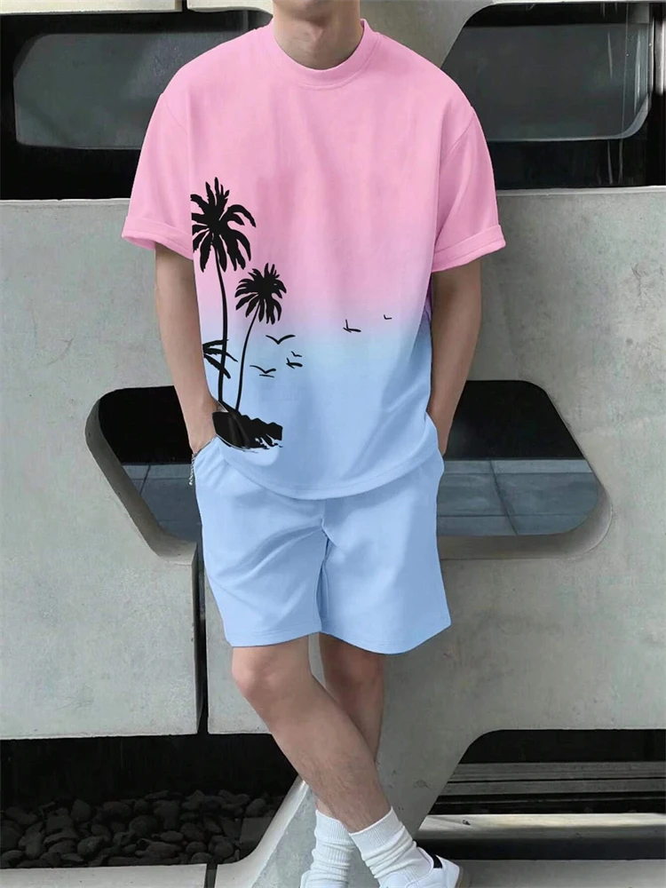 New Men\'s Suit Hawaiian Gradient Coconut Print Suit Summer Beach T-Shirt and Pants 2 Piece Fashion Sports Plus Size Men\'s Suit