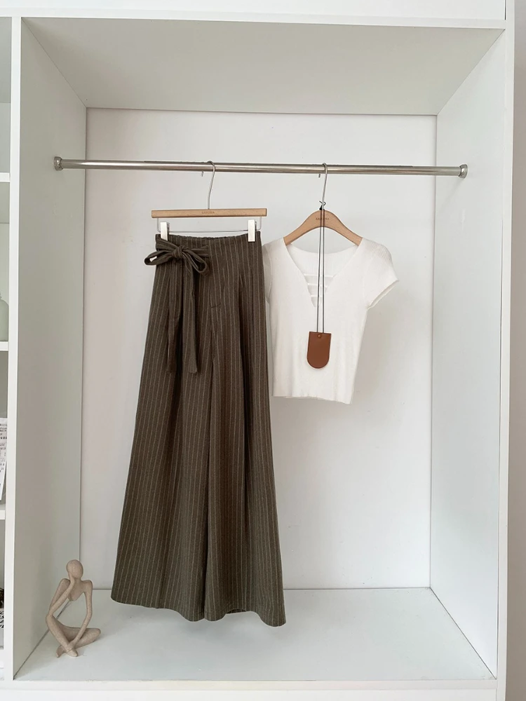 

French style retro suit striped straight leg pants for women autumn new slim fashion commute wide leg casual pants