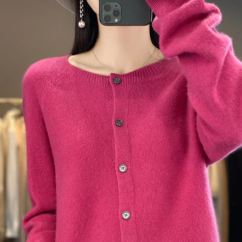 

Oversize Women' Cardigan 100%Australian Wool O-Neck Solid Color Cardigans Top Comfortable Knit Sweater ButtonUp NewStyle Fashion