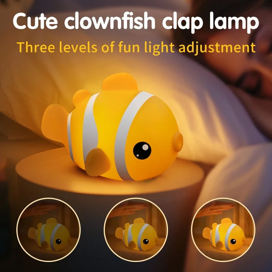 Bonita lámpara LED de silicona con forma de pez payaso, luz nocturna recargable táctil, lámpara para dormir junto a la cama, decoración de habitación, regalos de cumpleaños para niños