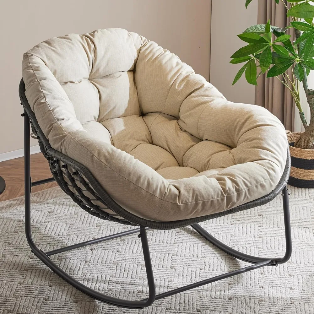 

Oversized Outdoor Papasan Rocking Chair with Soft Cushion, Comfy Patio Egg Chair, Wicker Lounge Rocker for Balcony/Porch/Garden,