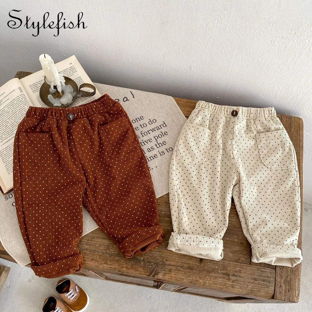 INS Spring and Autumn New Baby, Children, Boys and Girls Fashion Dot Print Corduroy Loose Relaxed Pants