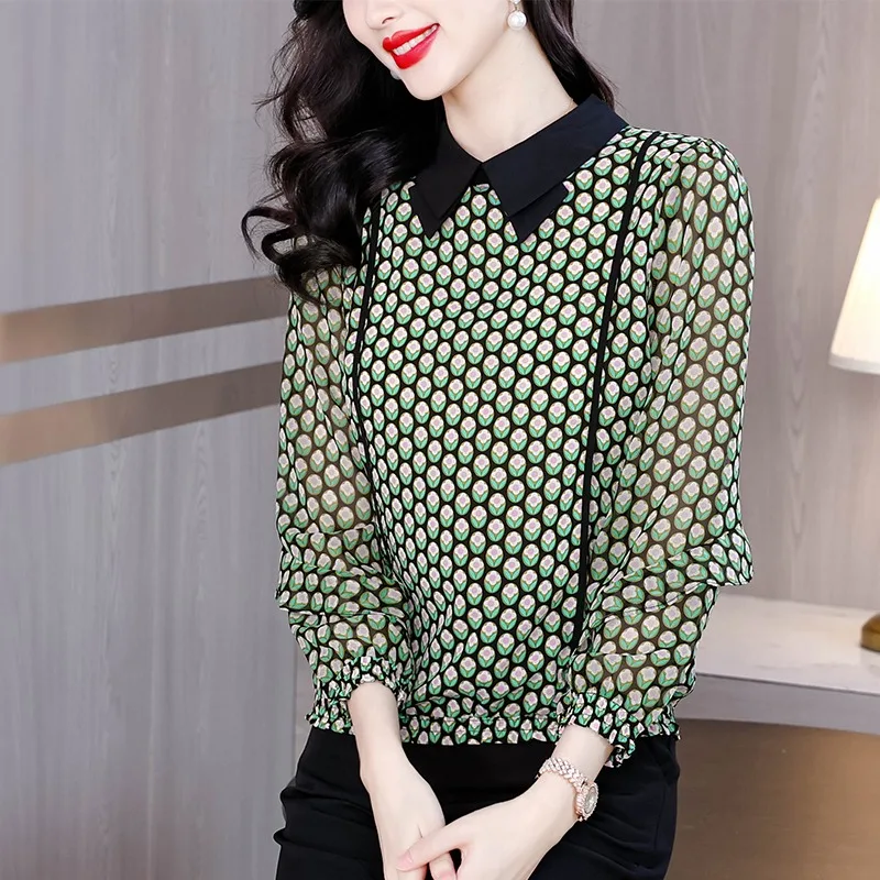 Chemisiers décontractés pour femmes, hauts Vintage imprimés, mode ample, vêtements français d'été, manches longues, chemises coréennes en mousseline de soie pour femmes