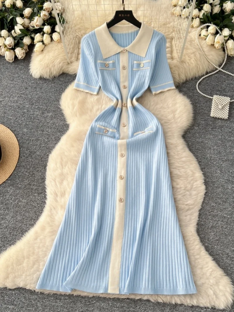 Elegant Colorblock Knitting Dress Summer Clothing Women 2026 Short Sleeve Lapel Collar Maxi Long Dresses OL Style Knitted Dress