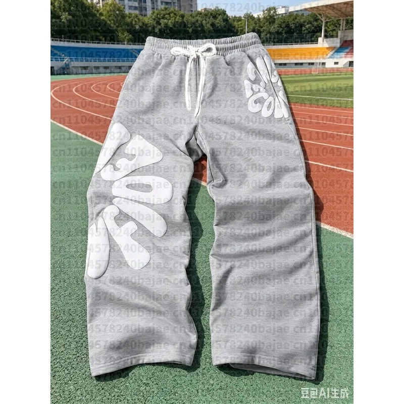 2026 Men's Kid Soft Loose Fit Pants Grey White Bubble Letter Print Drawstring Waist Breathable Casual Streetwear Trousers