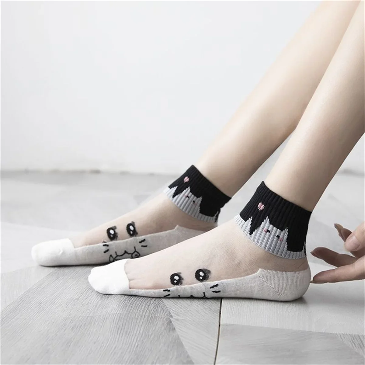 5Pairs Summer Socks Black White Cat Glass Silk Breathable Female Short Socks Simple Cute Footwear image 3