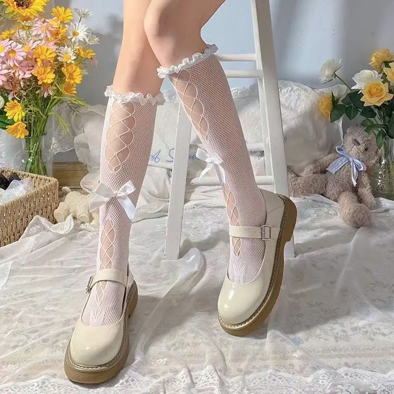 Calcetines con lazo de encaje Lolita, calcetines negros hasta la pantorrilla, uniforme Lolita jk de primavera y otoño, calcetines finos bonitos para estudiantes de tubo medio