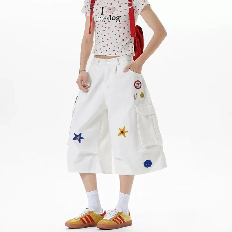 Shorts cargo bordados, roupas de trabalho de verão, calças cortadas com vários bolsos, pernas largas plissadas, retrô, hip hop, calças casuais