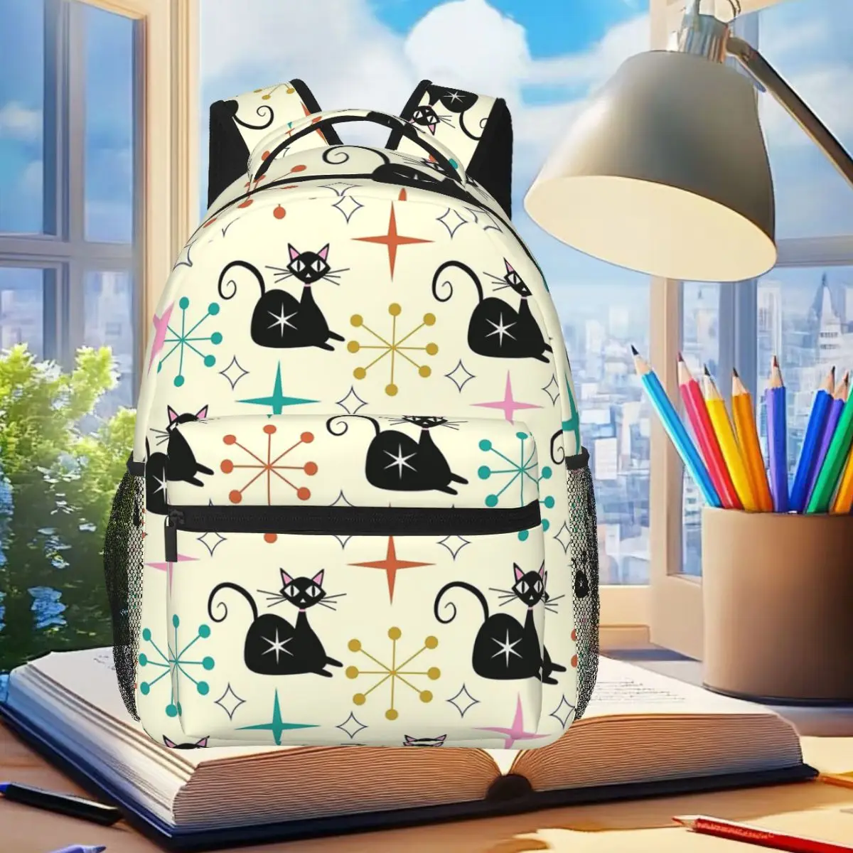 

Mid Century Black Atomic Cat With Starbursts Backpack Student BookBag Kids School Bag Computer Shoulder Bags for Men Women