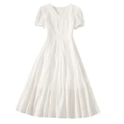 French Vintage V-neck Gentle Long Slim Lace White Embroidered Dress