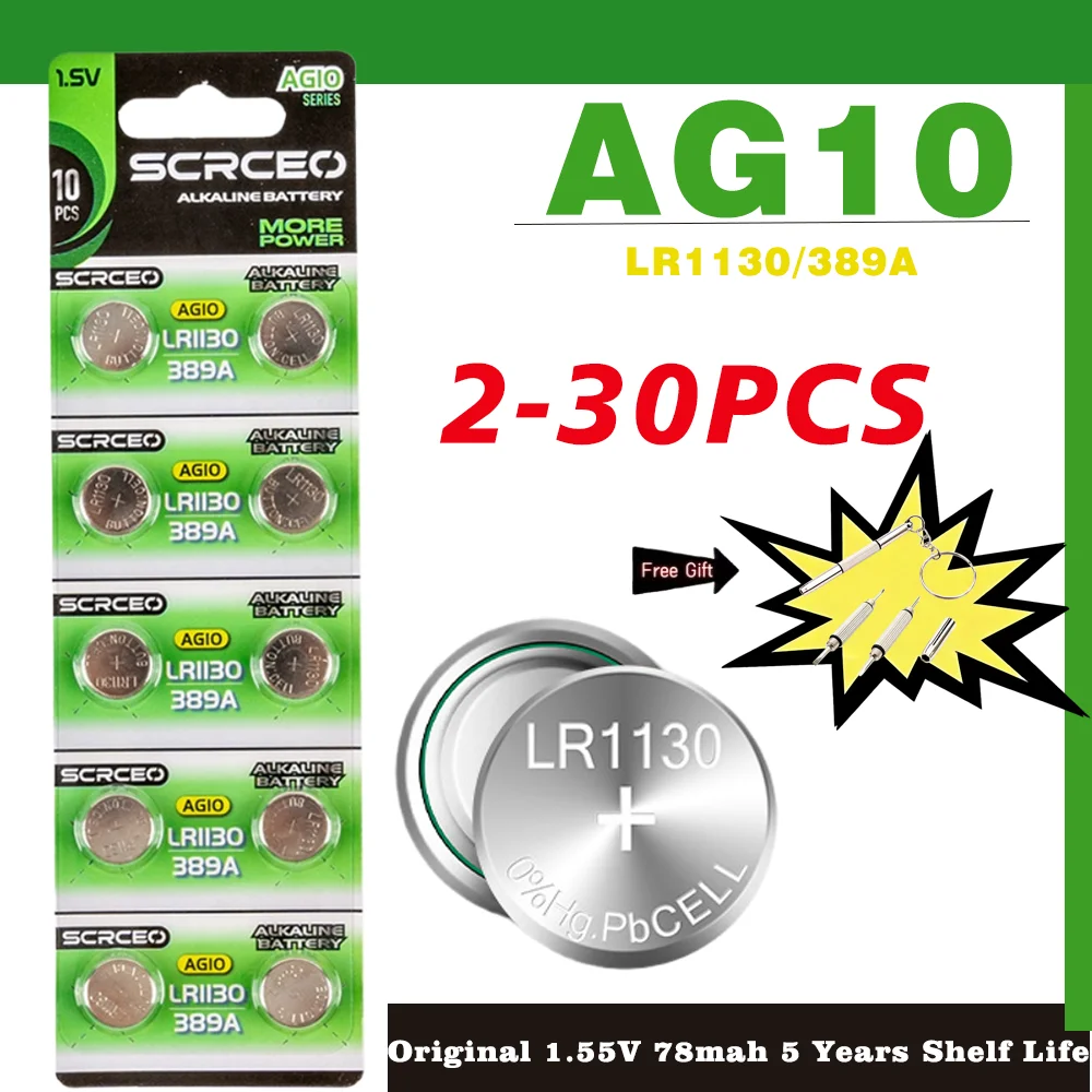New2-50PCS AG10 LR54 1.55V 78mAh pile bouton SR54 389 G10189 LR1130 SR1130 V10GA piles bouton alcalines pour montre jouets à distance