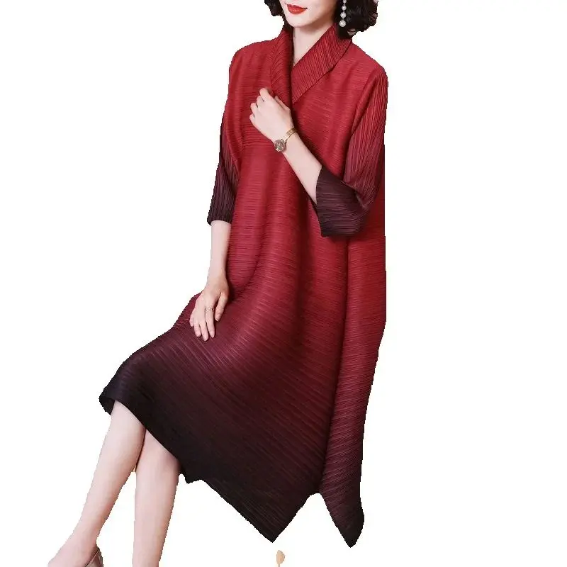 Nieuwe Avondjurken Miyake Geplooide Lente en Zomer Gradiënt vet mm Losse Cover Buik A-lijn Rok Gas Plus Size Jurk Vrouwelijke