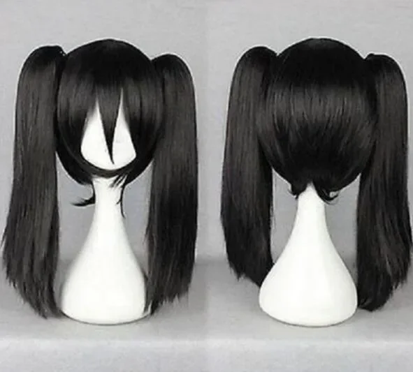 FREE SHIPPING Harajuku Medium Long Black Straight Pigtail Ponytail Women's Cosplay Anime Hair Wig