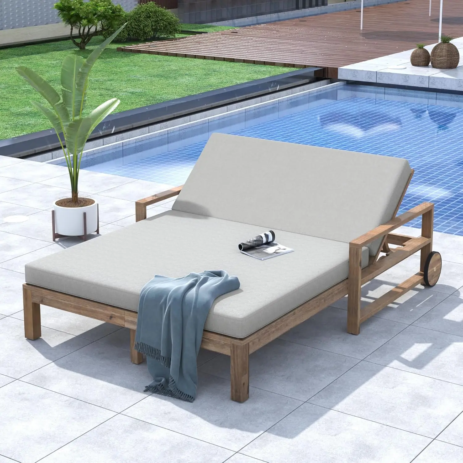 

4-Position Adjustable Outdoor Double Chaise Lounge Chair for 2 Persons, Wooden Sunbed Daybed with Grey Cushion and, Customized
