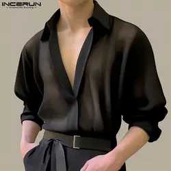 Fashion Well Fitting Tops INCERUN Handsome Men's Hollowed Perspective Thin Shirt Casual Hot Sale Lapel Long Sleeved Shirts S-5XL